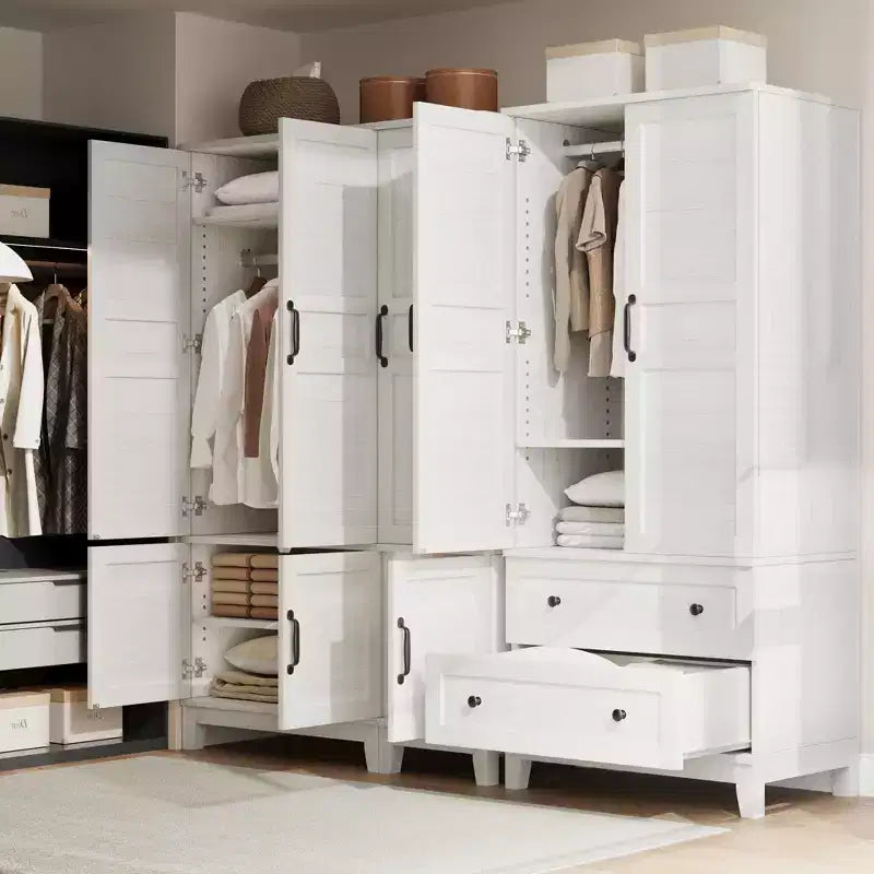 Armadio a 4 ante freestanding con appendiabiti, bianco rustico / noce, altezza 72", 1 persona