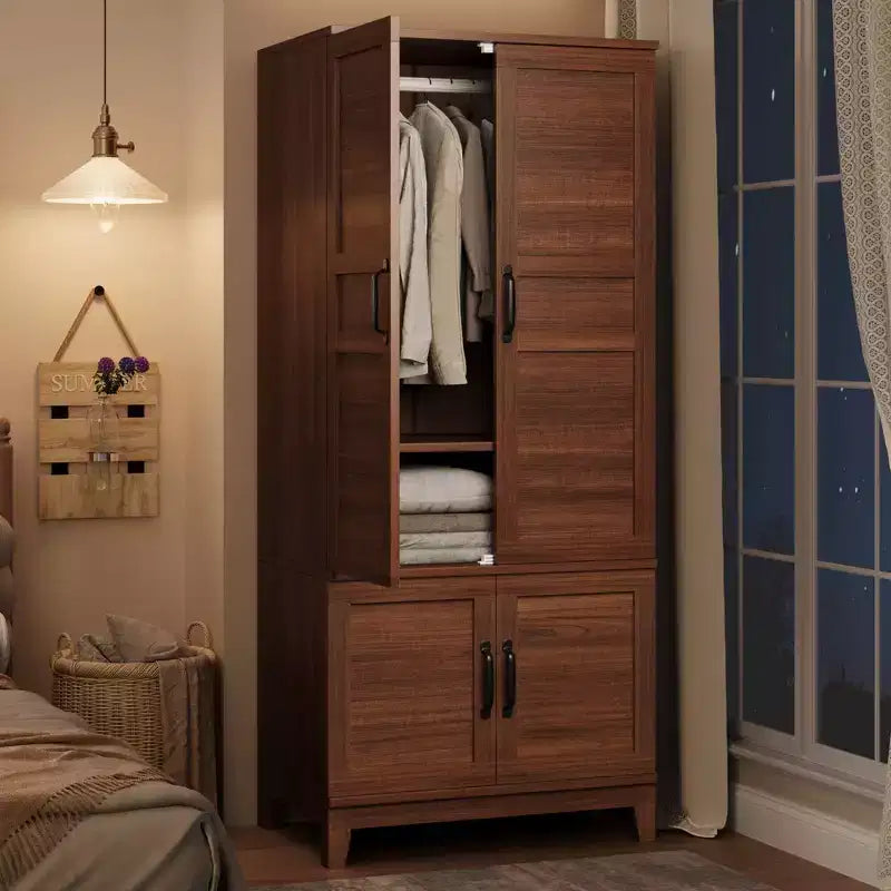 Armadio a 4 ante freestanding con appendiabiti, bianco rustico / noce, altezza 72", 1 persona