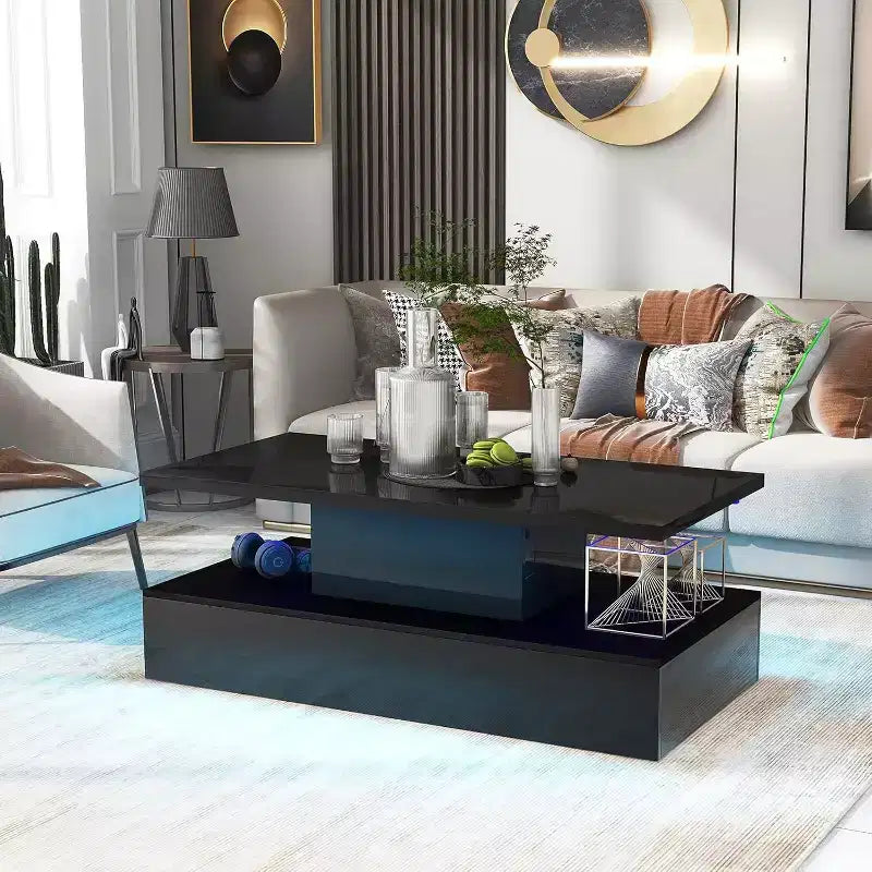 Tavolino da Caffè Rettangolare Nero con Luce Ambientale RGB, Utilizzo Singolo