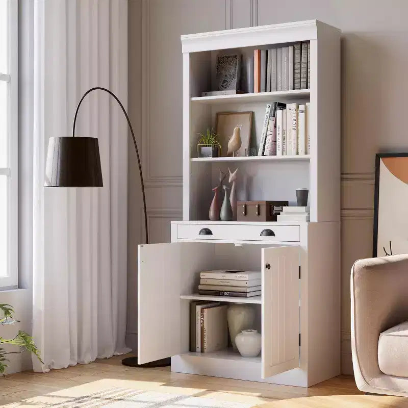 Libreria autoportante a 5 ripiani con scaffali aperti e anta, alta 178 cm