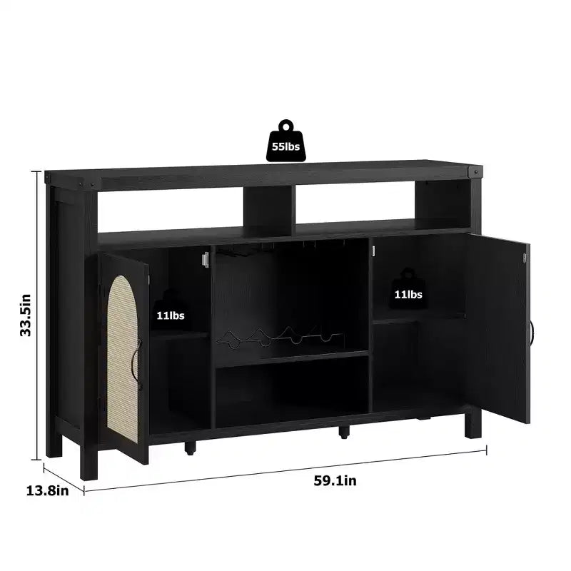 Mobile bar in rattan nero e legno con contenitore