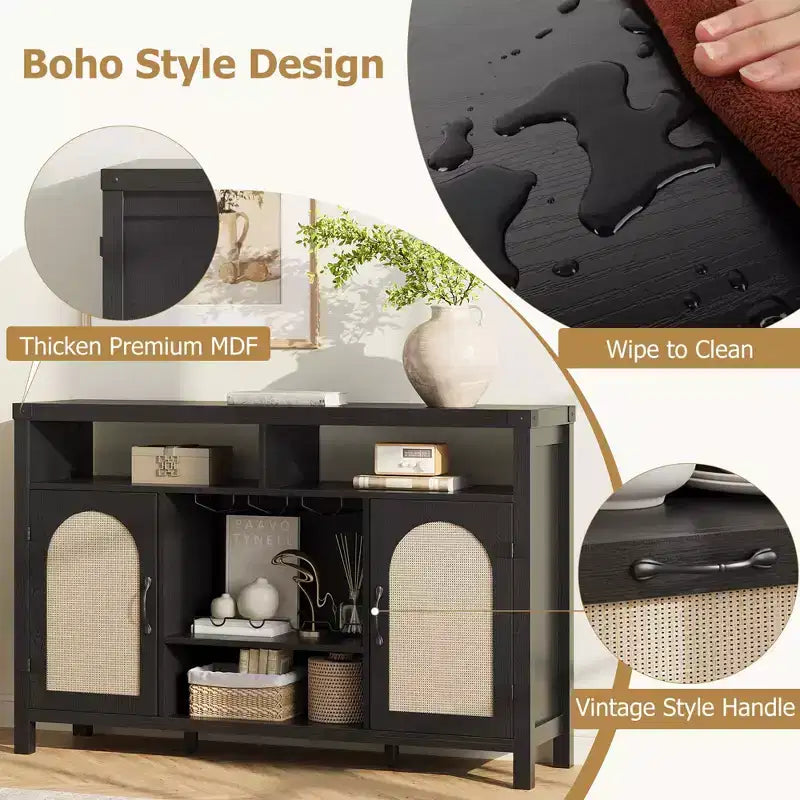 Mobile bar in rattan nero e legno con contenitore
