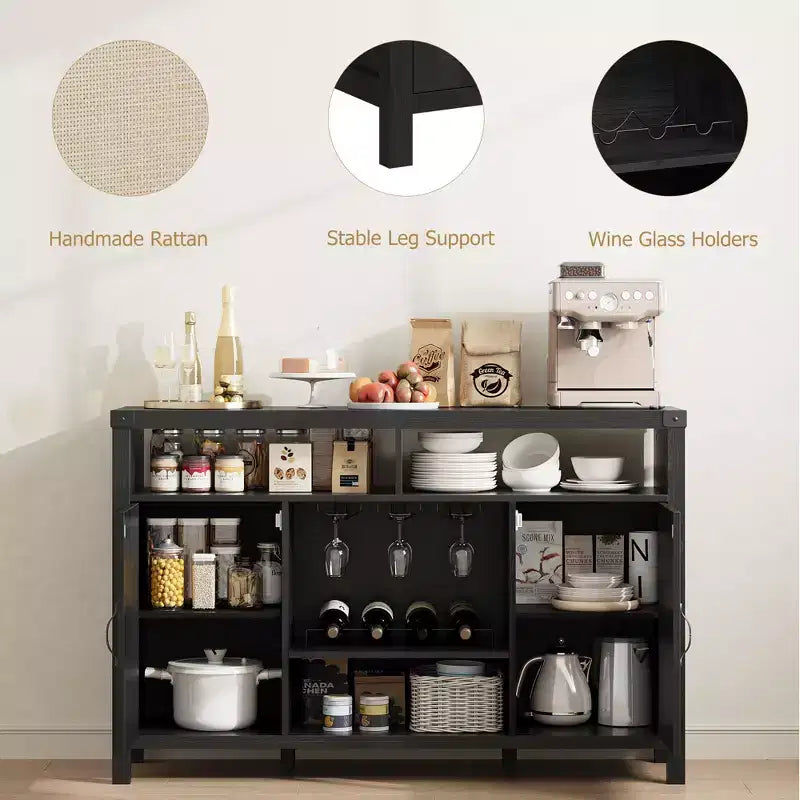 Mobile bar in rattan nero e legno con contenitore