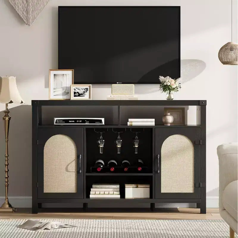 Mobile bar in rattan nero e legno con contenitore