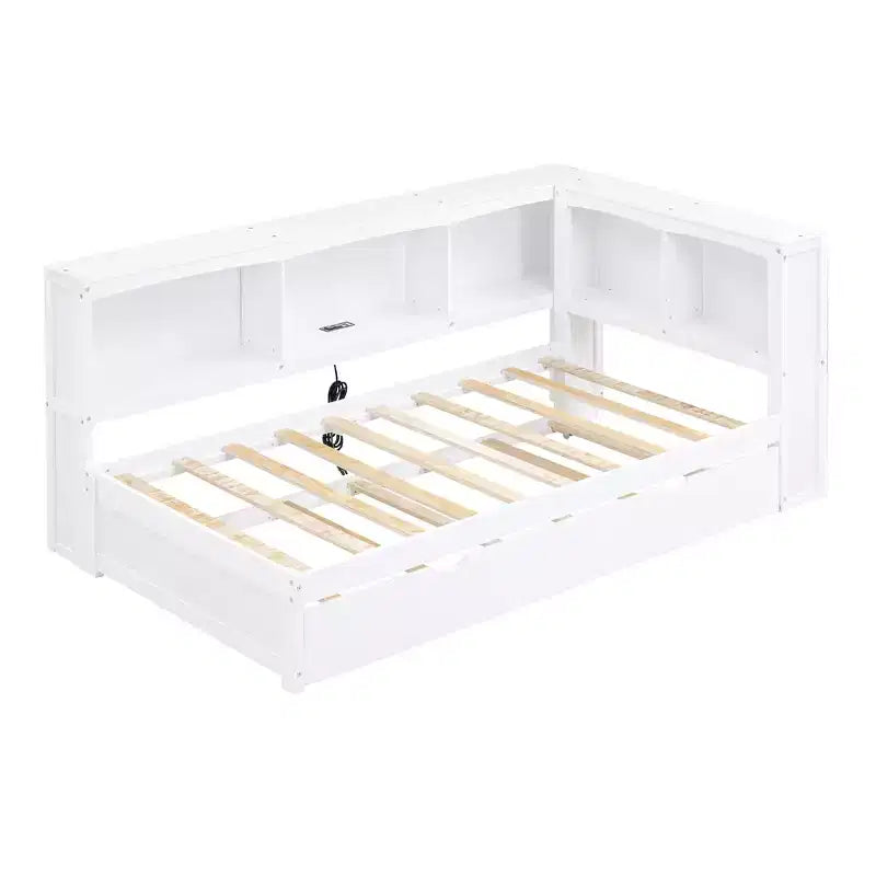 Lettino da Giorno Matrimoniale Bianco con Letto Estraibile, Armadietti e Porte USB – Da 1 a 2 Persone