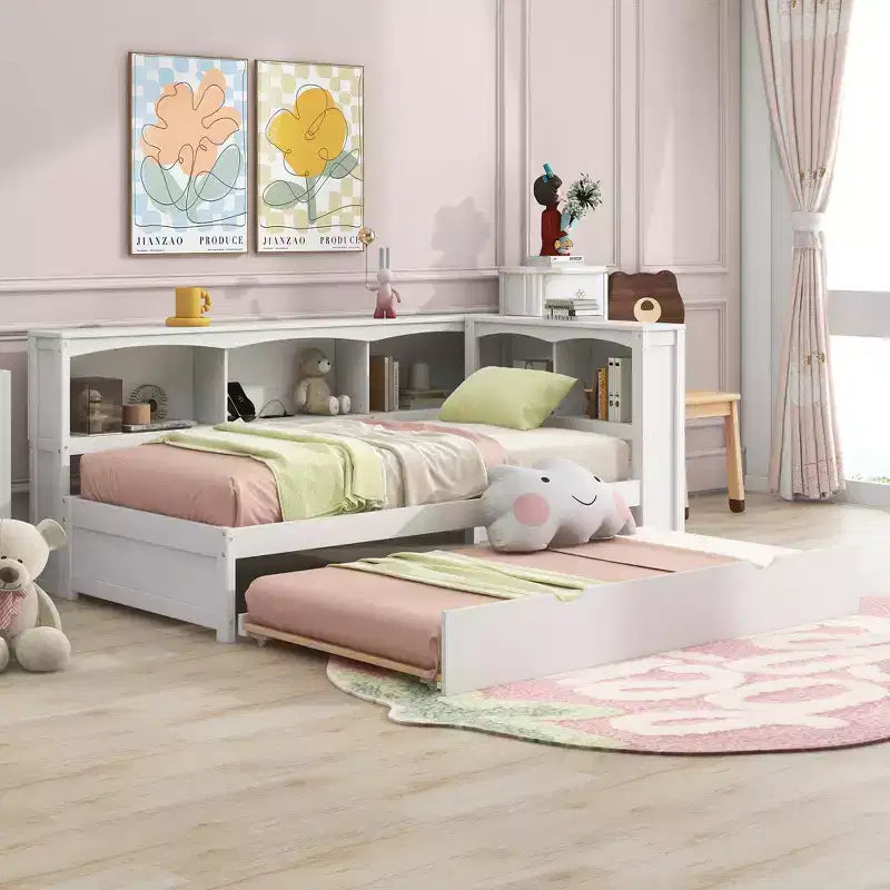Lettino da Giorno Matrimoniale Bianco con Letto Estraibile, Armadietti e Porte USB – Da 1 a 2 Persone