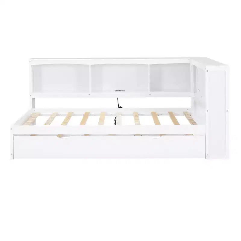 Lettino da Giorno Matrimoniale Bianco con Letto Estraibile, Armadietti e Porte USB – Da 1 a 2 Persone
