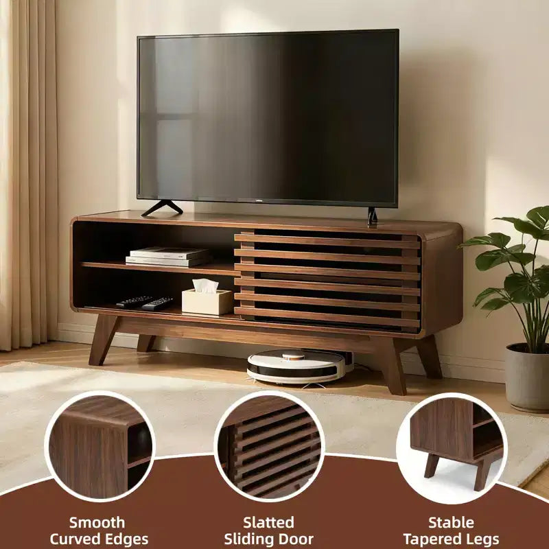 Mobile TV Finitura Naturale con Anta Scorrevole a Doghe, Unica Unità, Adatto per TV fino a 50"