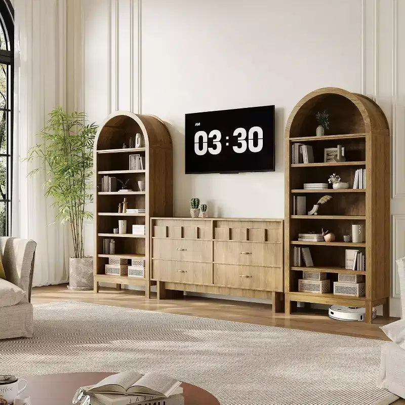 Libreria ad arco in legno venato marrone, scaffale indipendente a 7 livelli, singolo