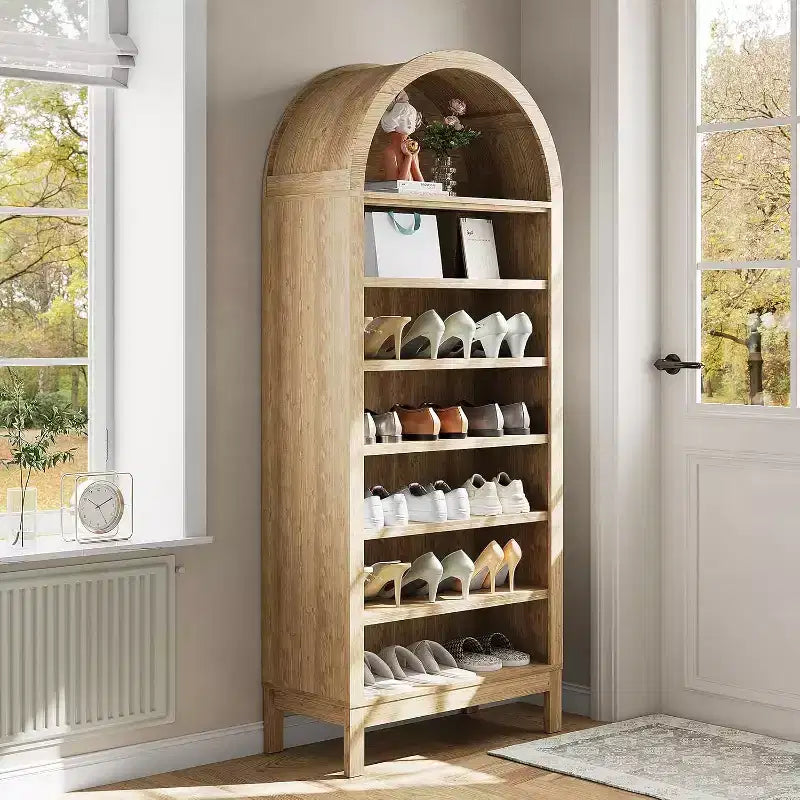 Libreria ad arco in legno venato marrone, scaffale indipendente a 7 livelli, singolo