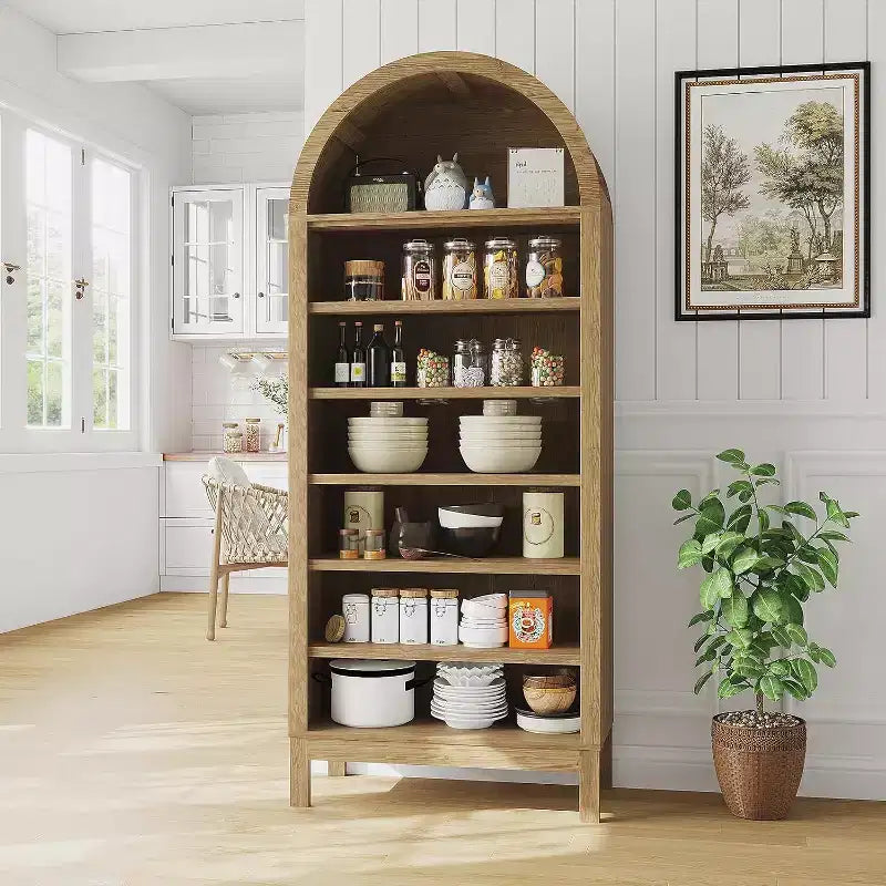 Libreria ad arco in legno venato marrone, scaffale indipendente a 7 livelli, singolo