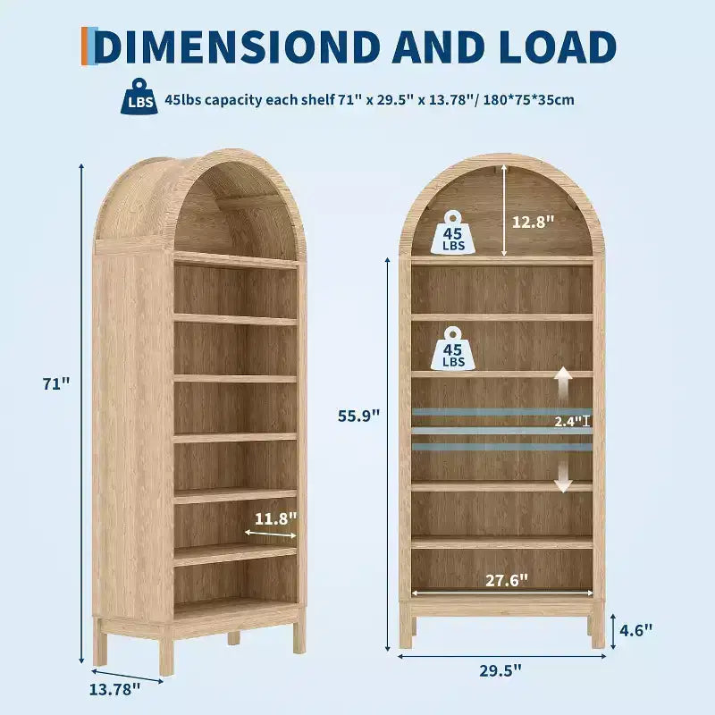 Libreria ad arco in legno venato marrone, scaffale indipendente a 7 livelli, singolo