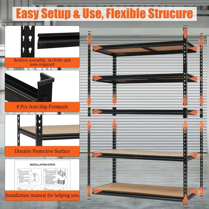 Scaffalatura in acciaio nera a 5 ripiani, 122×46×183 cm, Montaggio 1 persona
