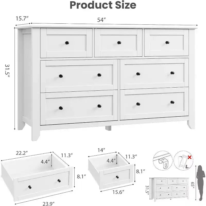 Cassettiera bianca a 7 cassetti, larga 137 cm, telaio in MDF con pomelli rotondi in metallo, per 1 utente