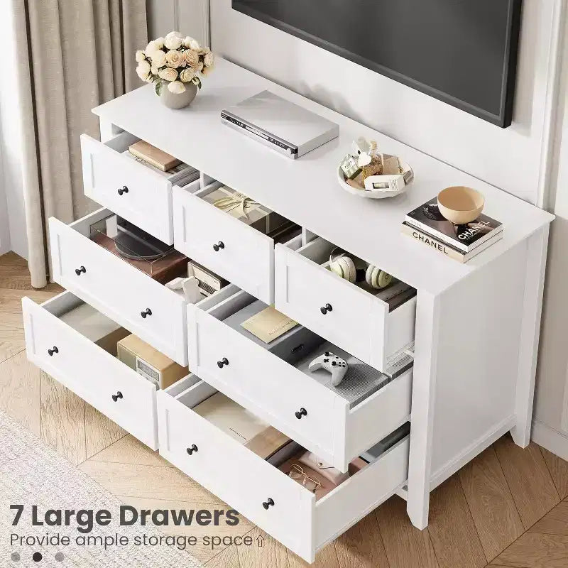 Cassettiera bianca a 7 cassetti, larga 137 cm, telaio in MDF con pomelli rotondi in metallo, per 1 utente