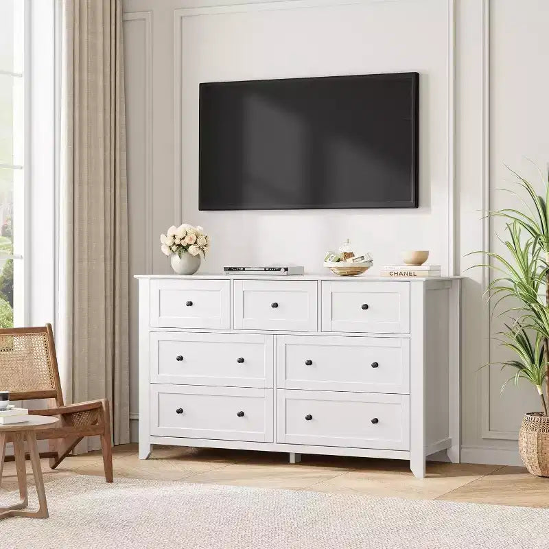 Cassettiera bianca a 7 cassetti, larga 137 cm, telaio in MDF con pomelli rotondi in metallo, per 1 utente