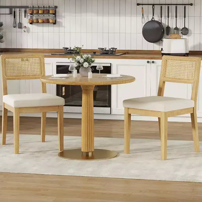 Nero/Naturale, Sedia da Pranzo Senza Braccioli in Rattan con Schienale in Legno e Sedile in Lino, Set di 2