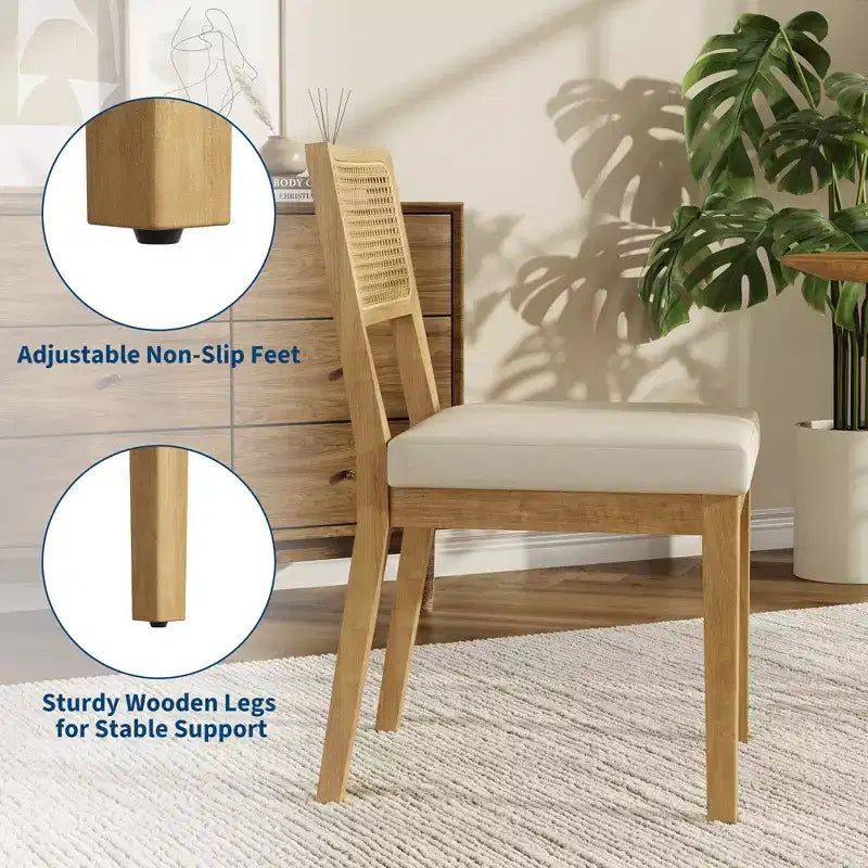 Nero/Naturale, Sedia da Pranzo Senza Braccioli in Rattan con Schienale in Legno e Sedile in Lino, Set di 2