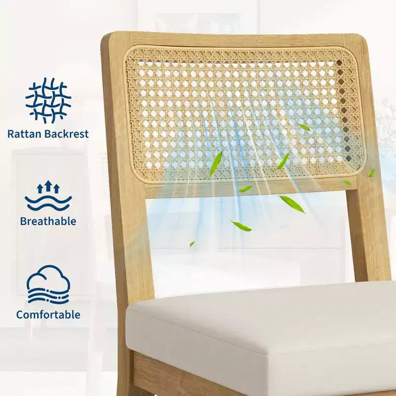 Nero/Naturale, Sedia da Pranzo Senza Braccioli in Rattan con Schienale in Legno e Sedile in Lino, Set di 2