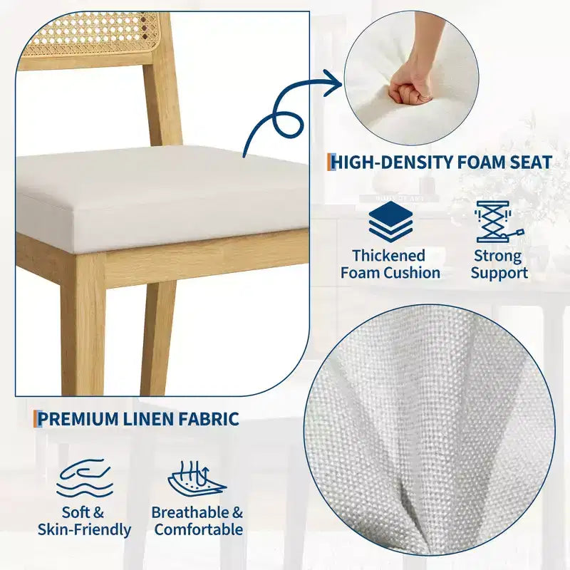 Nero/Naturale, Sedia da Pranzo Senza Braccioli in Rattan con Schienale in Legno e Sedile in Lino, Set di 2
