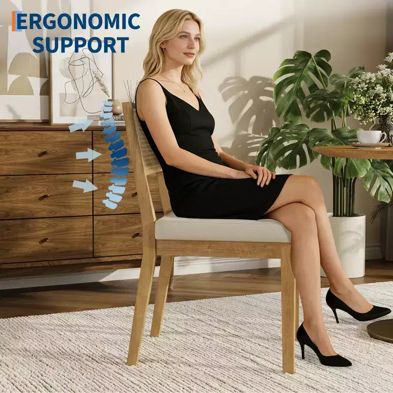 Nero/Naturale, Sedia da Pranzo Senza Braccioli in Rattan con Schienale in Legno e Sedile in Lino, Set di 2