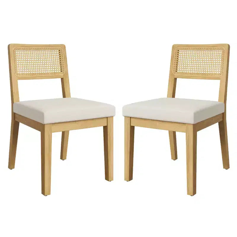 Nero/Naturale, Sedia da Pranzo Senza Braccioli in Rattan con Schienale in Legno e Sedile in Lino, Set di 2