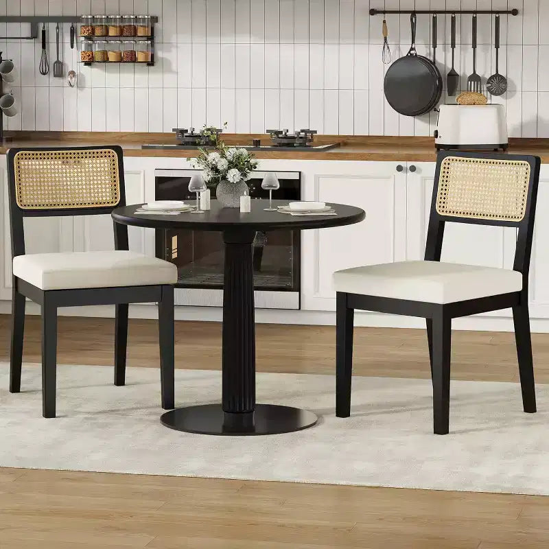 Nero/Naturale, Sedia da Pranzo Senza Braccioli in Rattan con Schienale in Legno e Sedile in Lino, Set di 2