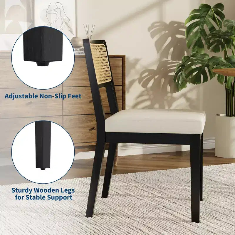 Nero/Naturale, Sedia da Pranzo Senza Braccioli in Rattan con Schienale in Legno e Sedile in Lino, Set di 2