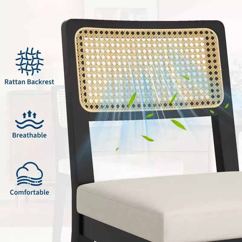 Nero/Naturale, Sedia da Pranzo Senza Braccioli in Rattan con Schienale in Legno e Sedile in Lino, Set di 2