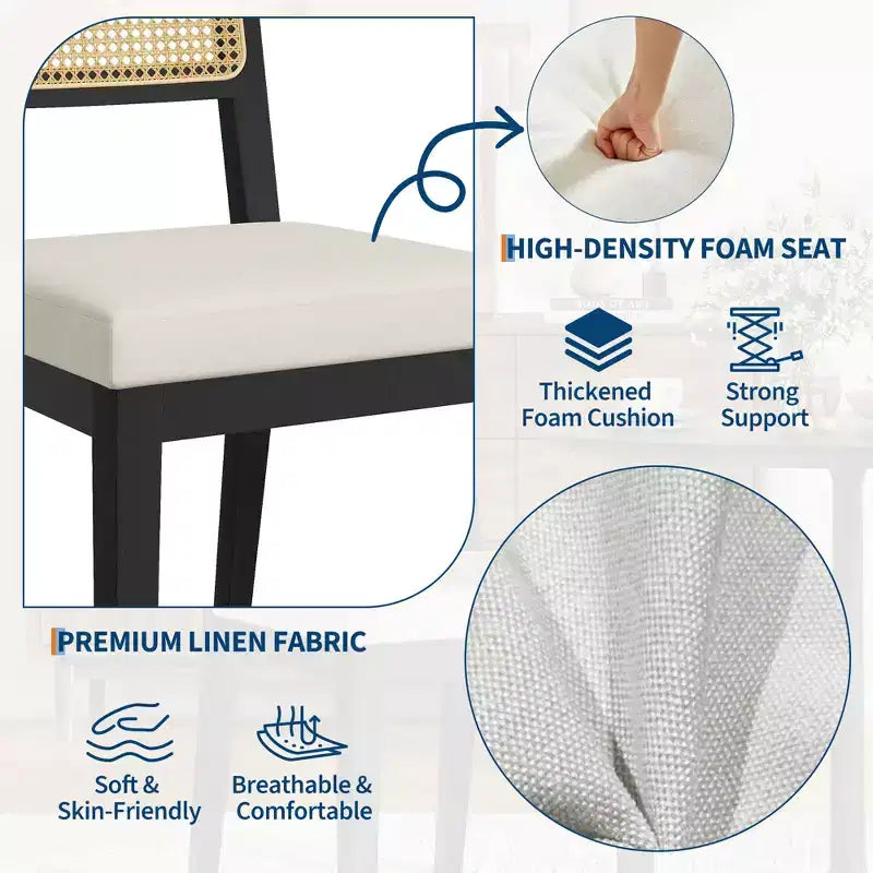 Nero/Naturale, Sedia da Pranzo Senza Braccioli in Rattan con Schienale in Legno e Sedile in Lino, Set di 2