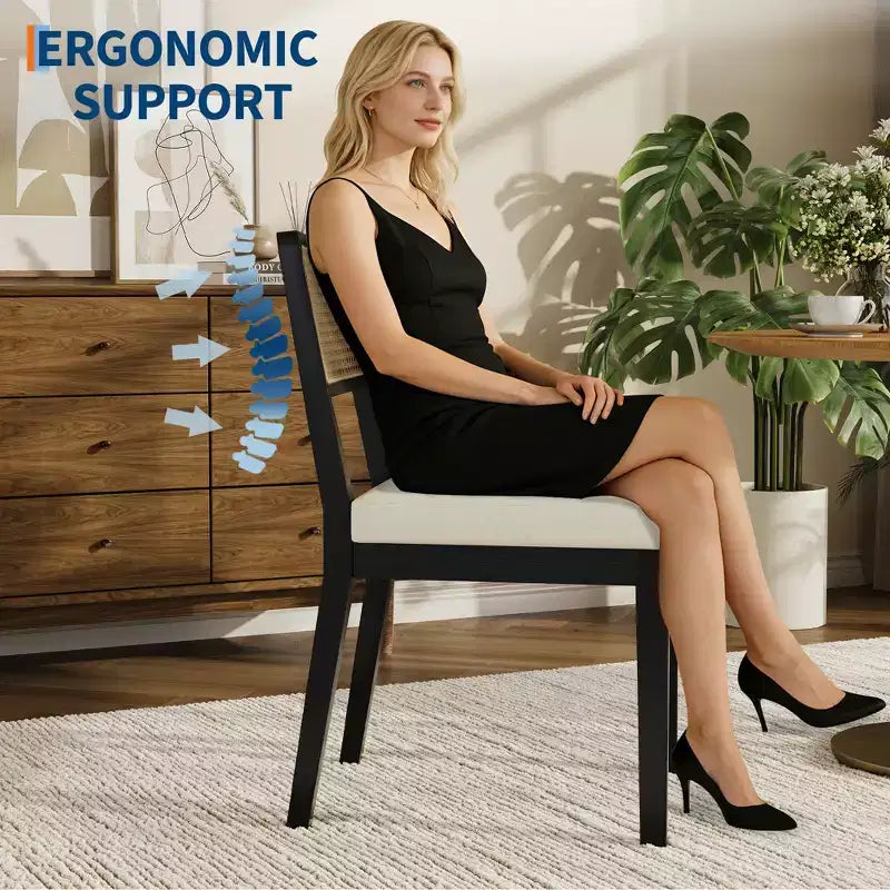 Nero/Naturale, Sedia da Pranzo Senza Braccioli in Rattan con Schienale in Legno e Sedile in Lino, Set di 2