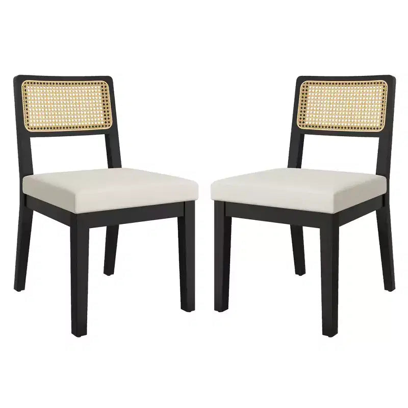 Nero/Naturale, Sedia da Pranzo Senza Braccioli in Rattan con Schienale in Legno e Sedile in Lino, Set di 2