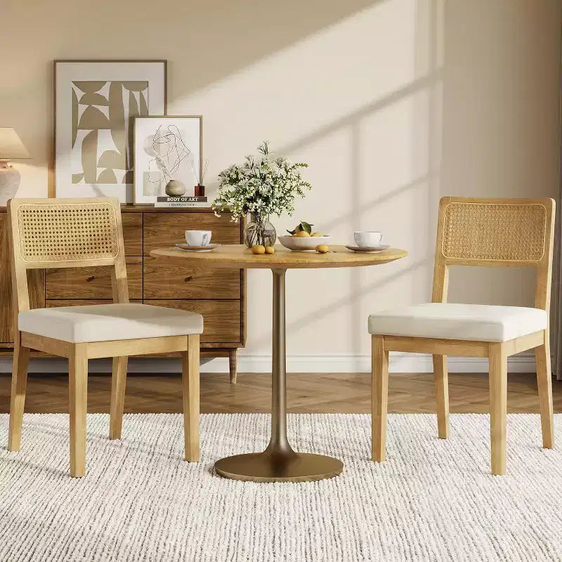 Nero/Naturale, Sedia da Pranzo Senza Braccioli in Rattan con Schienale in Legno e Sedile in Lino, Set di 2