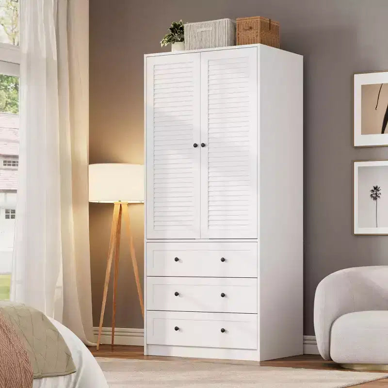 Armadio Autoportante con 2 Ante e 3 Cassetti, Colore Nero / Bianco / Legno