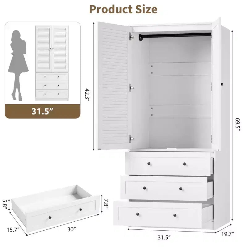 Armadio Autoportante con 2 Ante e 3 Cassetti, Colore Nero / Bianco / Legno