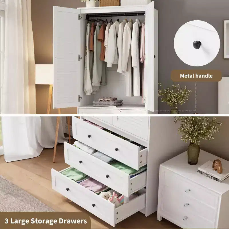 Armadio Autoportante con 2 Ante e 3 Cassetti, Colore Nero / Bianco / Legno