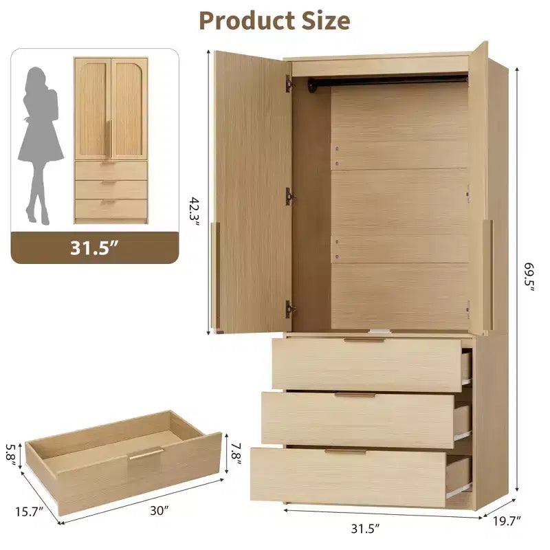 Armadio Autoportante con 2 Ante e 3 Cassetti, Colore Nero / Bianco / Legno