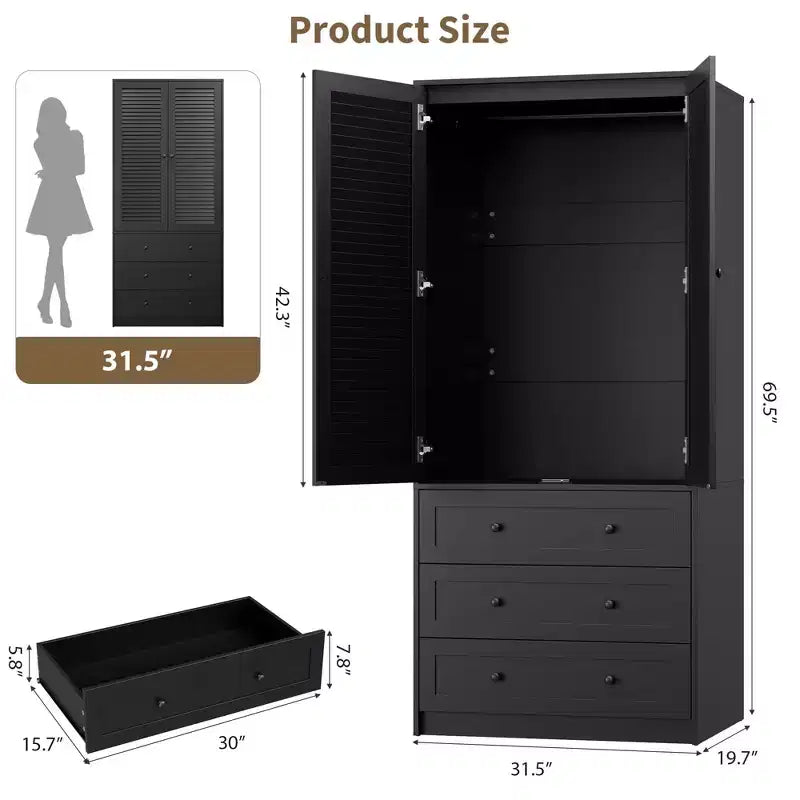 Armadio Autoportante con 2 Ante e 3 Cassetti, Colore Nero / Bianco / Legno