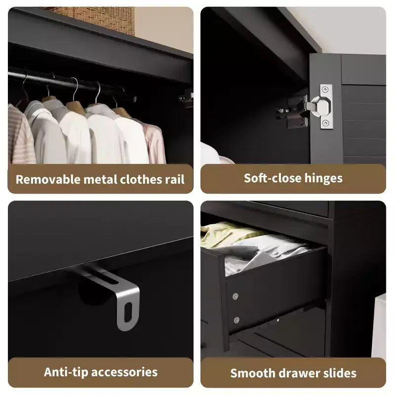 Armadio Autoportante con 2 Ante e 3 Cassetti, Colore Nero / Bianco / Legno