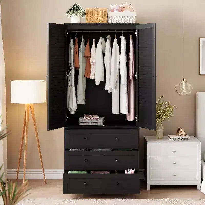Armadio Autoportante con 2 Ante e 3 Cassetti, Colore Nero / Bianco / Legno