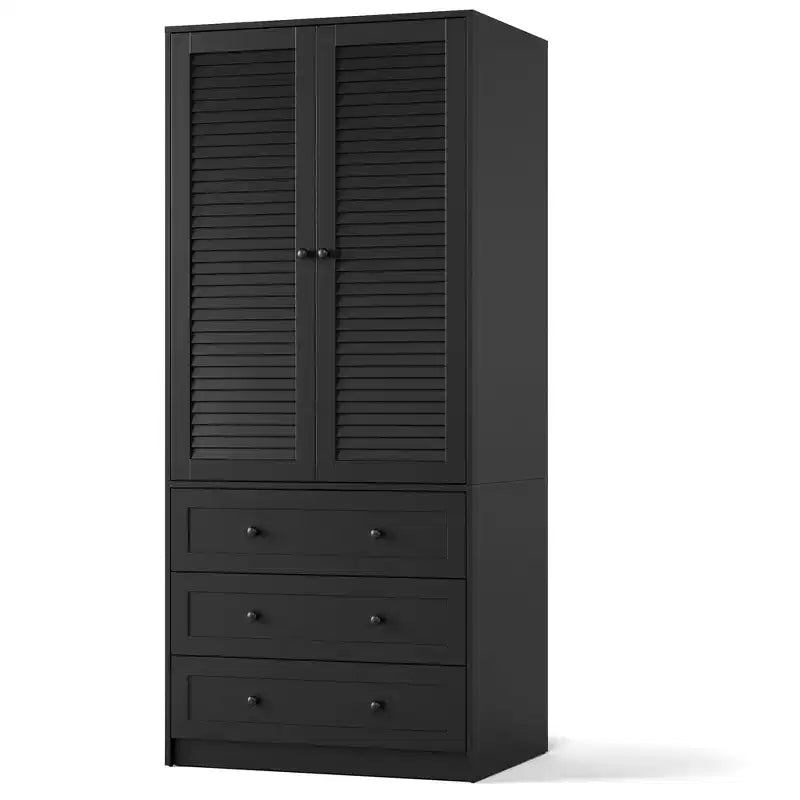 Armadio Autoportante con 2 Ante e 3 Cassetti, Colore Nero / Bianco / Legno