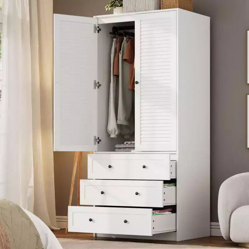 Armadio Autoportante con 2 Ante e 3 Cassetti, Colore Nero / Bianco / Legno