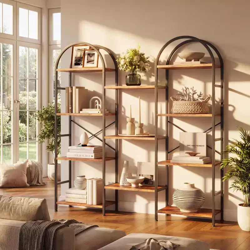 Libreria a 4 Ripiani a Triplo Arco, Nero/Marrone/Bianco, Struttura in Metallo, Scaffale Aperto