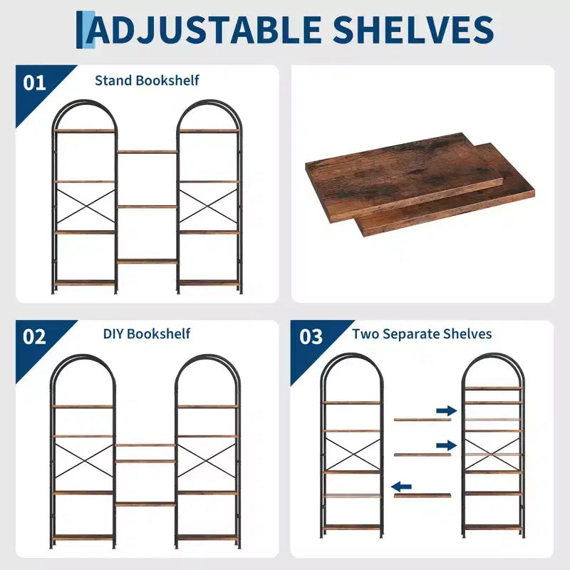 Libreria a 4 Ripiani a Triplo Arco, Nero/Marrone/Bianco, Struttura in Metallo, Scaffale Aperto