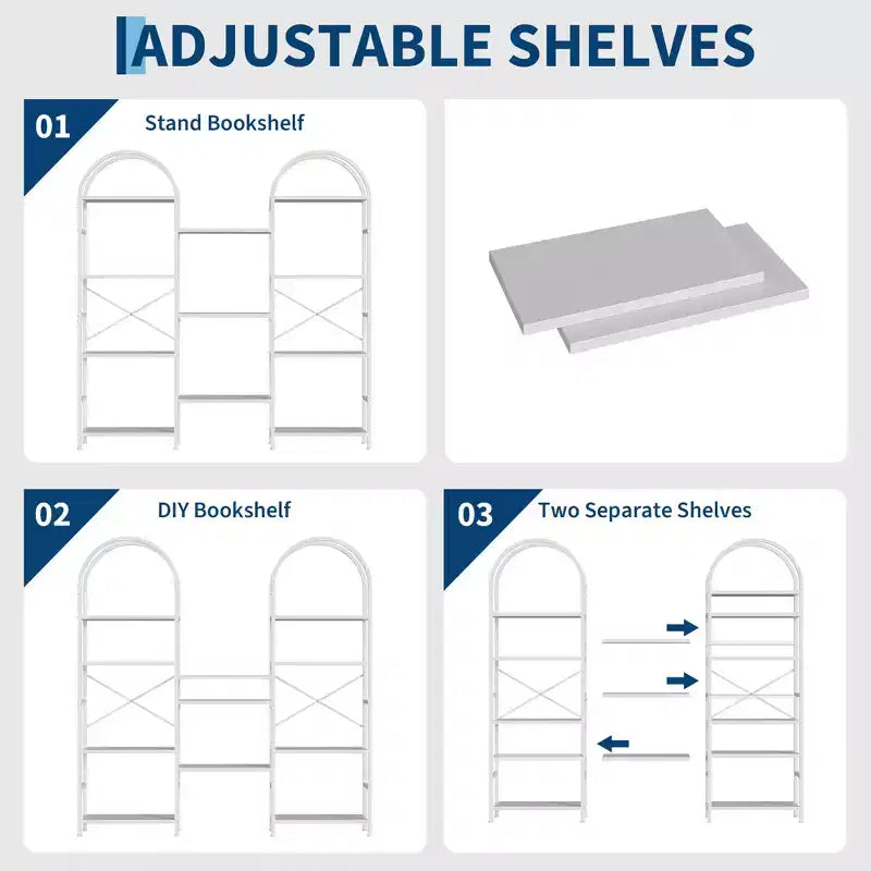 Libreria a 4 Ripiani a Triplo Arco, Nero/Marrone/Bianco, Struttura in Metallo, Scaffale Aperto
