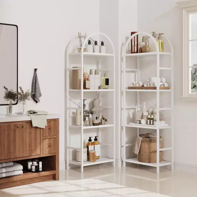 Libreria a 4 Ripiani a Triplo Arco, Nero/Marrone/Bianco, Struttura in Metallo, Scaffale Aperto