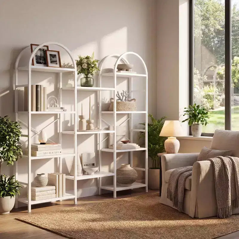 Libreria a 4 Ripiani a Triplo Arco, Nero/Marrone/Bianco, Struttura in Metallo, Scaffale Aperto