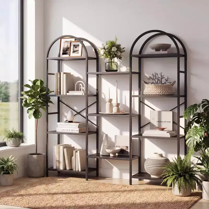Libreria a 4 Ripiani a Triplo Arco, Nero/Marrone/Bianco, Struttura in Metallo, Scaffale Aperto