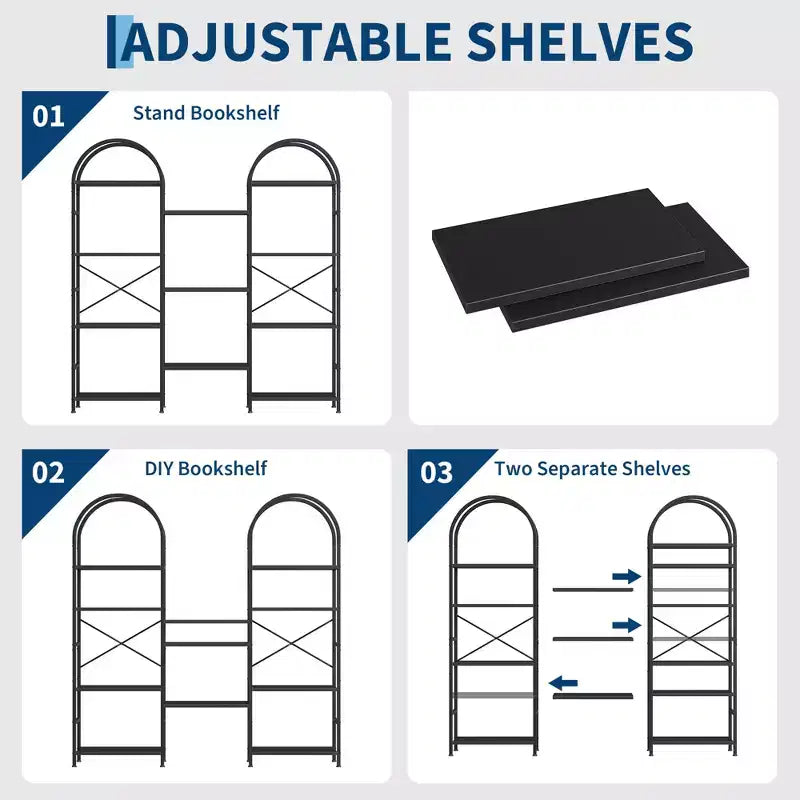Libreria a 4 Ripiani a Triplo Arco, Nero/Marrone/Bianco, Struttura in Metallo, Scaffale Aperto