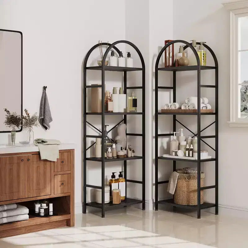 Libreria a 4 Ripiani a Triplo Arco, Nero/Marrone/Bianco, Struttura in Metallo, Scaffale Aperto